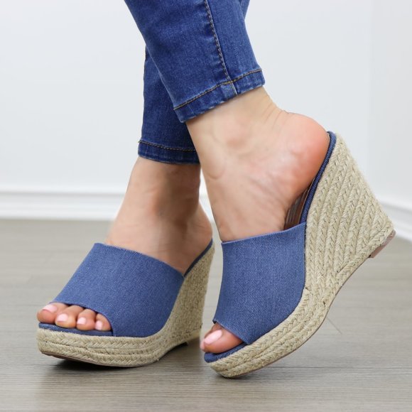 Blue Denim Slip On Espadrille Wedge Sandals - Picture 3 of 8